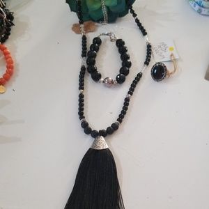 BLACK ONYX STERLING BRACELET, NECKLACE, RING** 3 pc set **NEW**